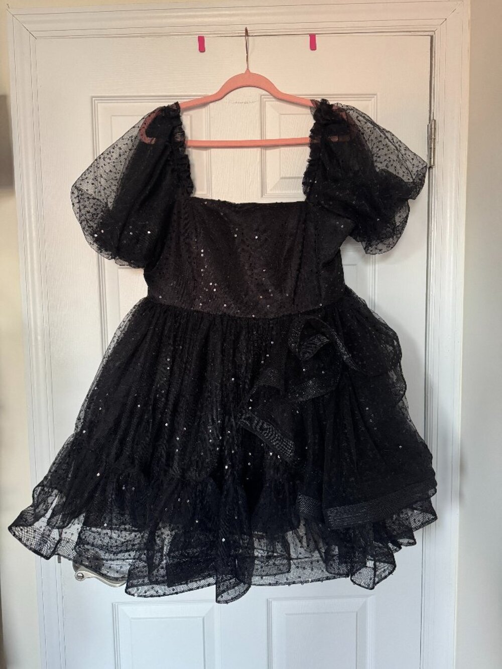 Custom-Made Selkie-Style Black Sequin Puff Sleeve Dress Size 14